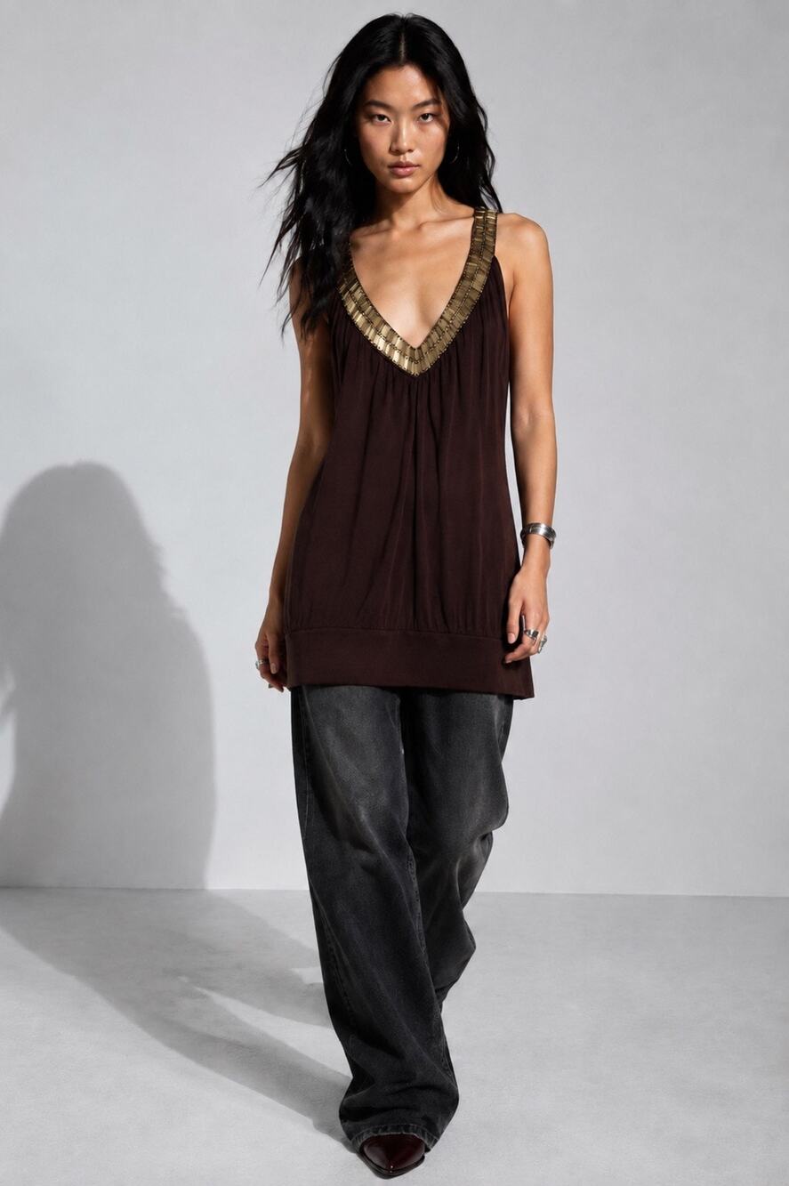 Vintage Y2K Forever 21 Brown Beaded Tunic Tank M Indie Sleaze Boho Glam